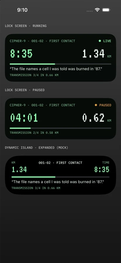 Cipher Protocol Live Activity on iPhone lock screen showing mission progress