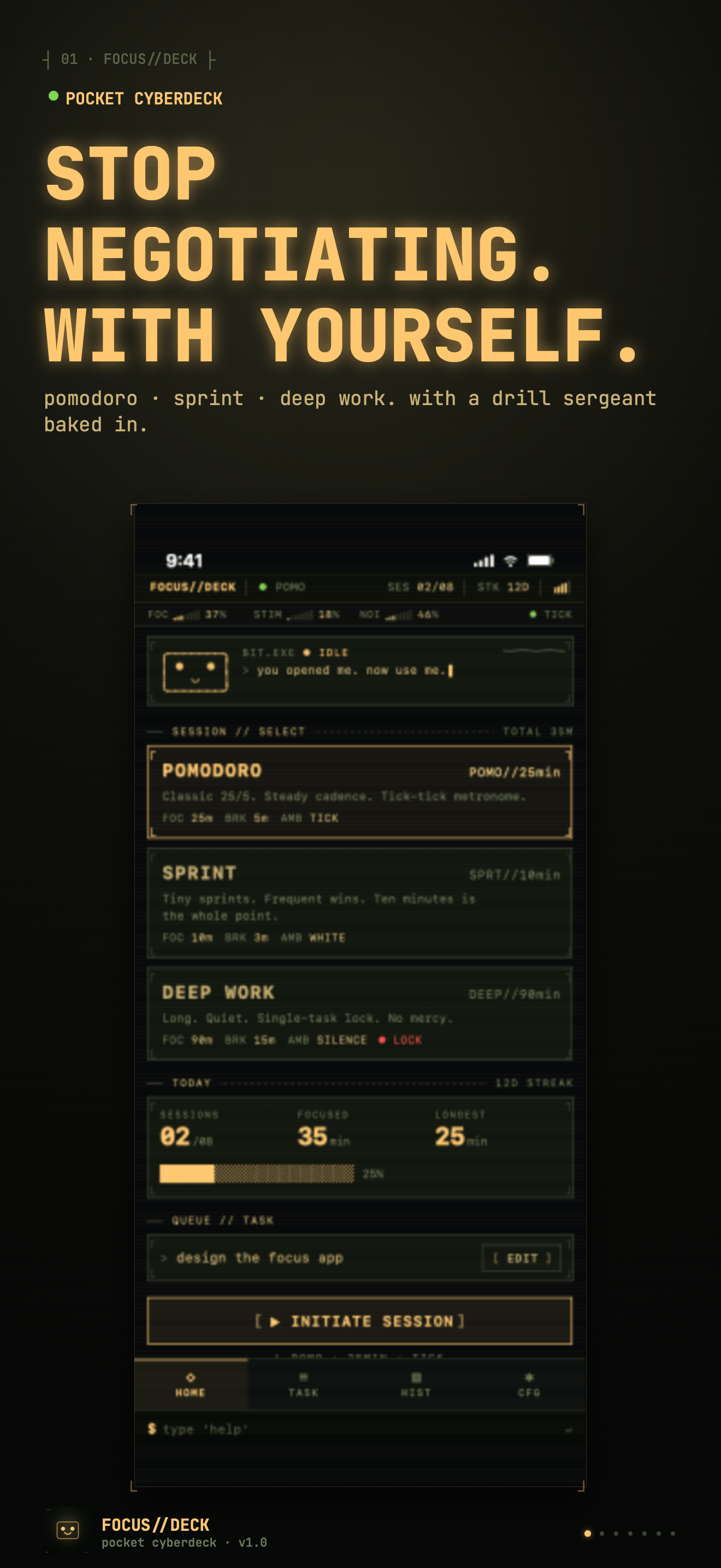 FOCUS//DECK focus timer iPhone app — cyberdeck UI showing deep work sprint session