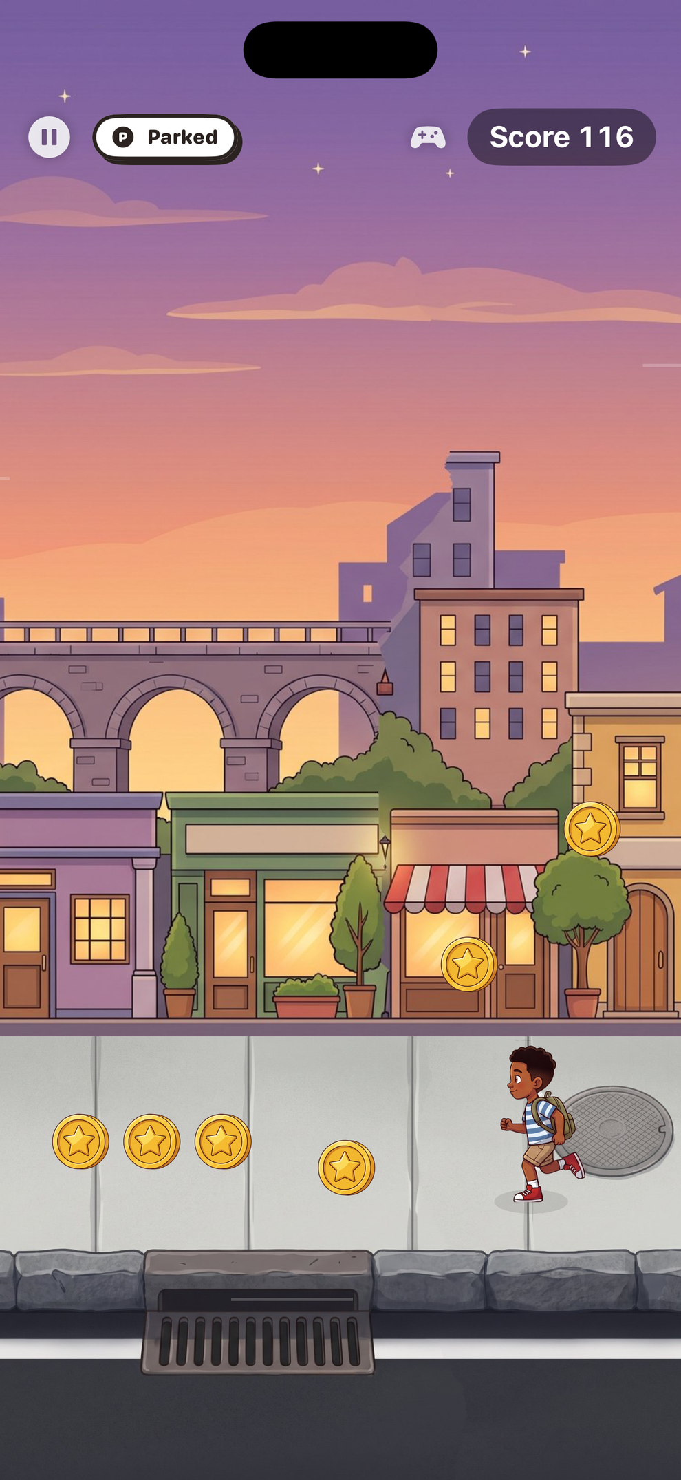 Go, Bobby, Go! Road Trip kids car ride game for iPhone — Bobby running along a city sidewalk collecting coins at dusk