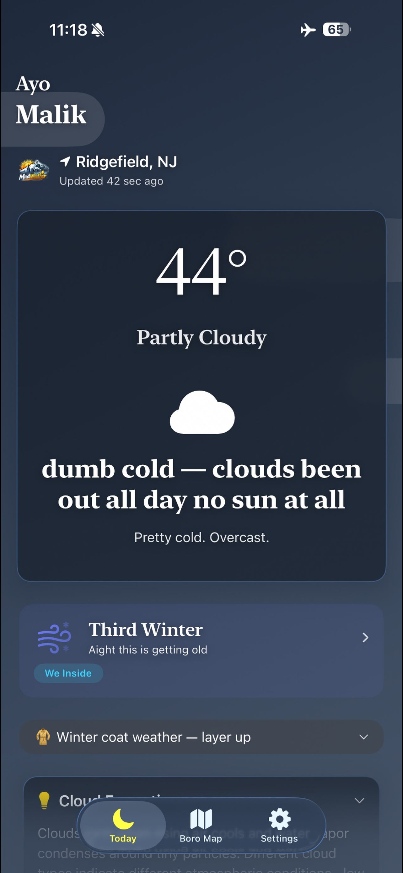 MadWeather NYC weather app — borough forecast screen showing plain-language conditions for New York